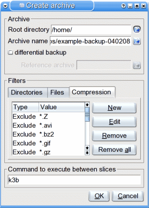 KDar archive create dialog